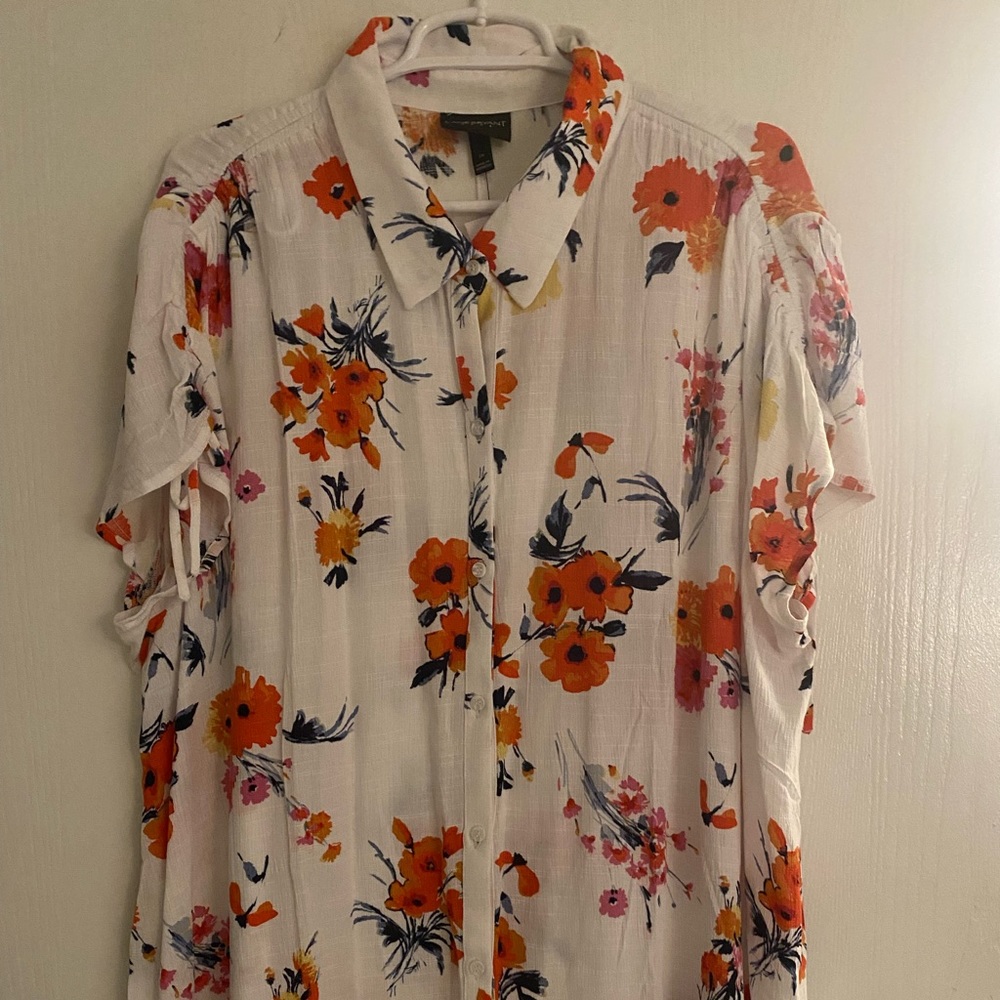 Lane Bryant Floral Drawcord-Shoulder Button Front Top